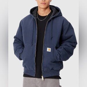 Carhartt J130 Navy Hooded Duck Jacket Size L Loose Fit Quilted  Zip Up Coat